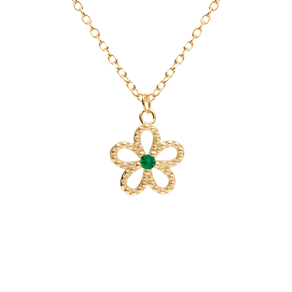 Collier en vermeil pendentif fleur ajourée centre oxyde vert - 39+4cm