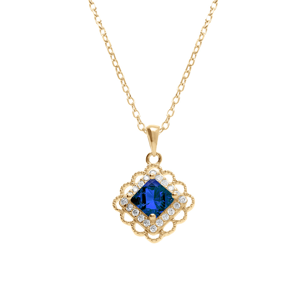Collier en vermeil pendentif carré oxyde bleu serti et contour d'oxydes blancs sertis - 39+4cm