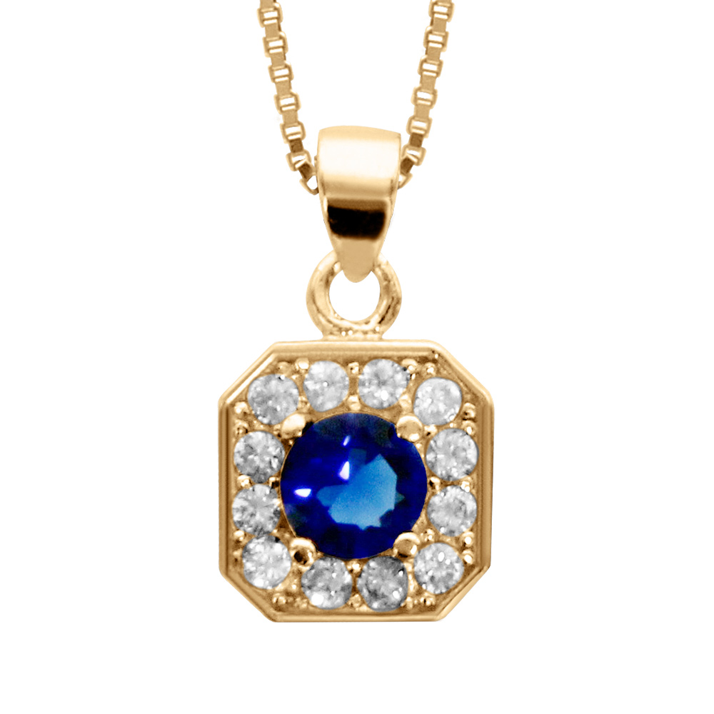 Collier en vermeil pendentif carre oxydes sertis blancs pierre centrale bleue -  42+3cm