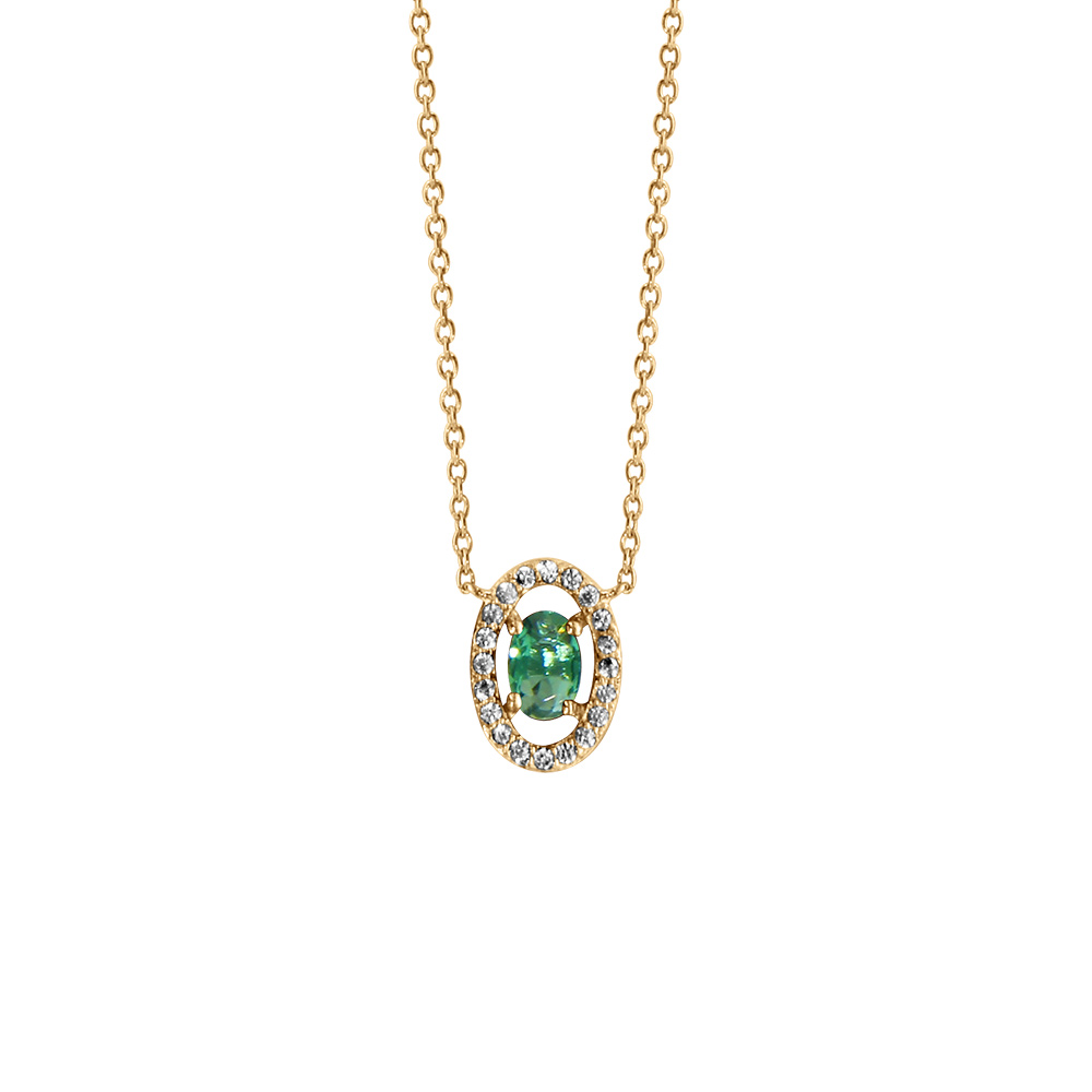 Collier en vermeil pendentif forme ovale verre vert entourage oxydes blancs sertis  - 40+4cm