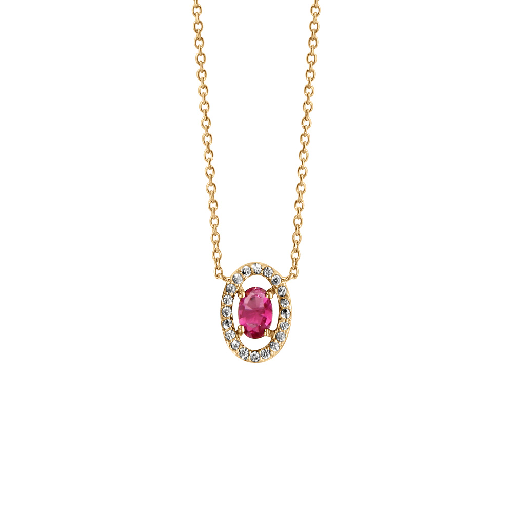 Collier en vermeil pendentif  forme ovale verre fushia entourage oxydes blancs sertis  - 40+4cm