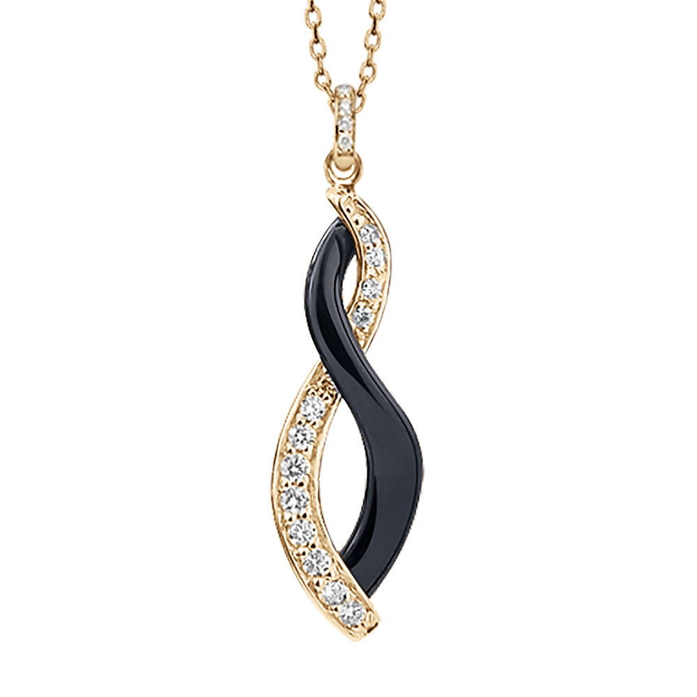 Collier en vermeil chaîne avec pendentif 2 rubans 1 céramique noire et l'autre oxydes blanc serti 42+3cm