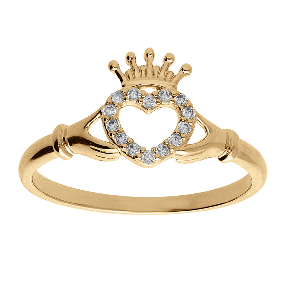 Bague en vermeil claddagh irlande (amitie, amour, loyauté) avec oxydes blancs sertis Bague en vermeil claddagh irlande (amitie, amour, loyauté) avec oxydes blancs sertis