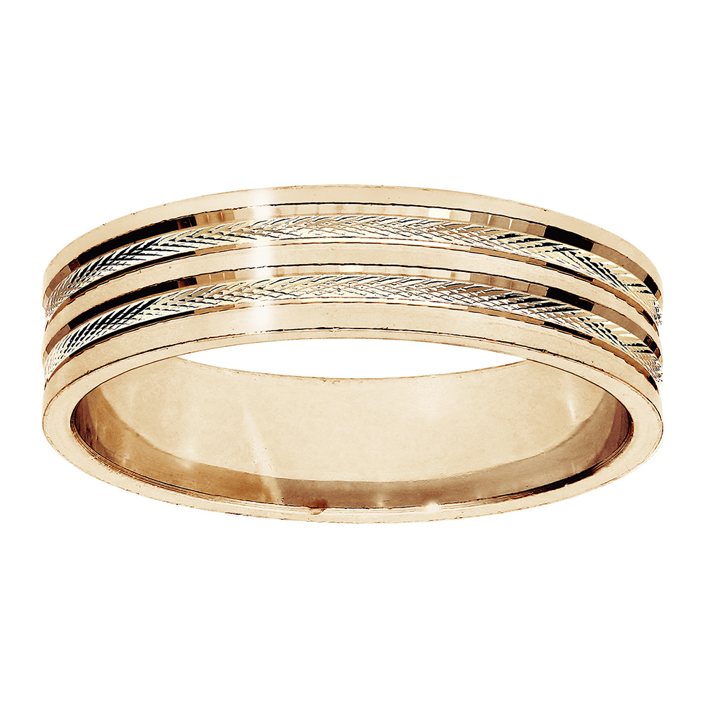 Alliance en vermeil 5mm avec 2 bandes ciselées et liseret au milieu et bords brillants
