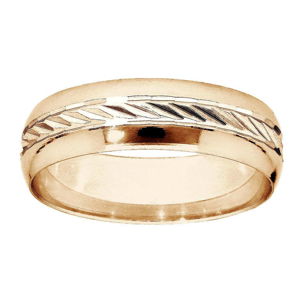 Alliance en vermeil 6mm avec bande ciselée en diagonale au milieu et bords brillants