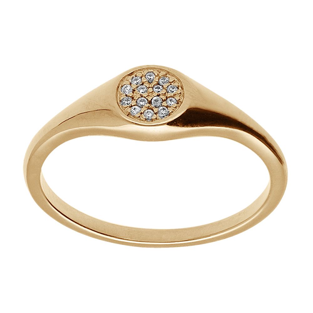 Bague en vermeil style chevaliere avec une tête ronde pavée d' oxydes blancs sertis