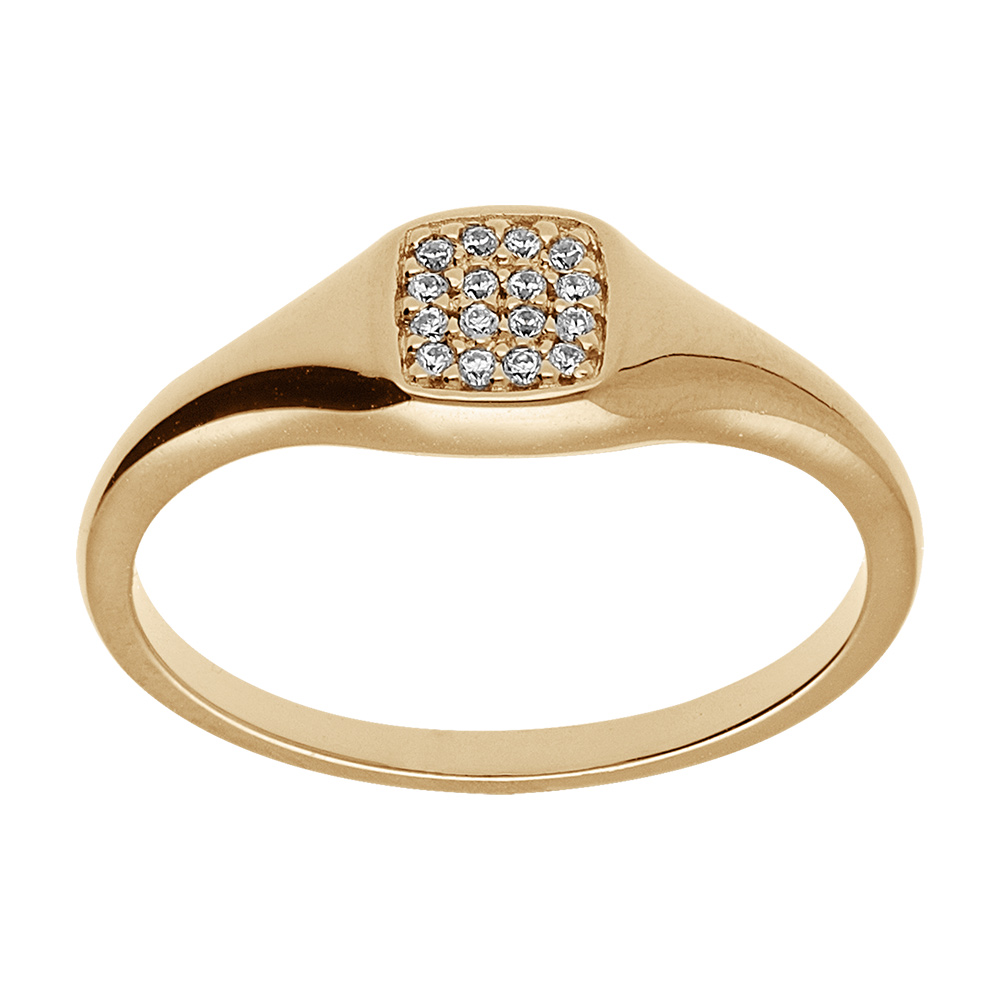 Bague en vermeil style  chevaliere avec une tête carrée pavée d' oxydes blancs sertis