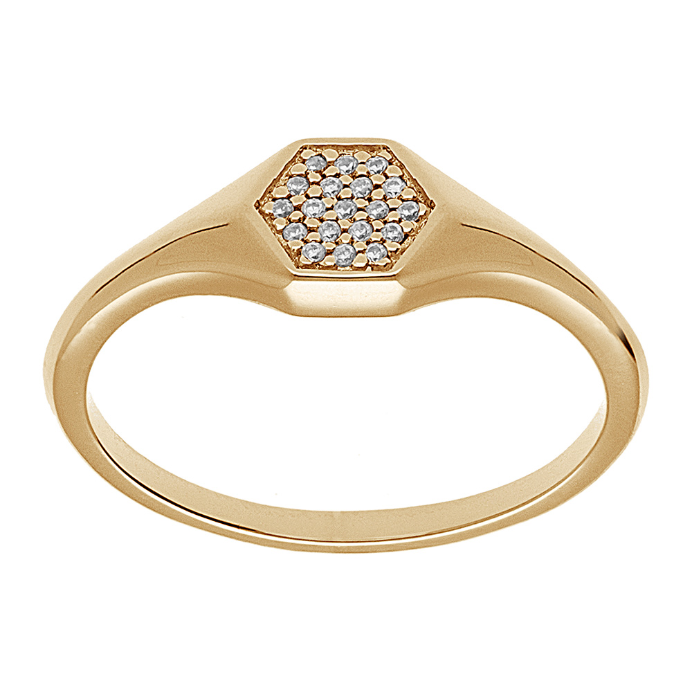 Bague en vermeil style chevaliere avec une tête hexagonale pavée d'oxydes blancs sertis