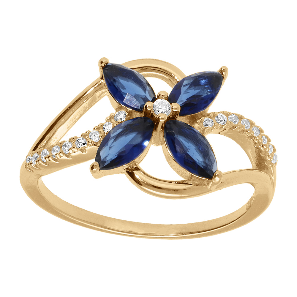 Bague croisée en vermeil avec oxydes blancs sertis et fleur verre bleu foncé