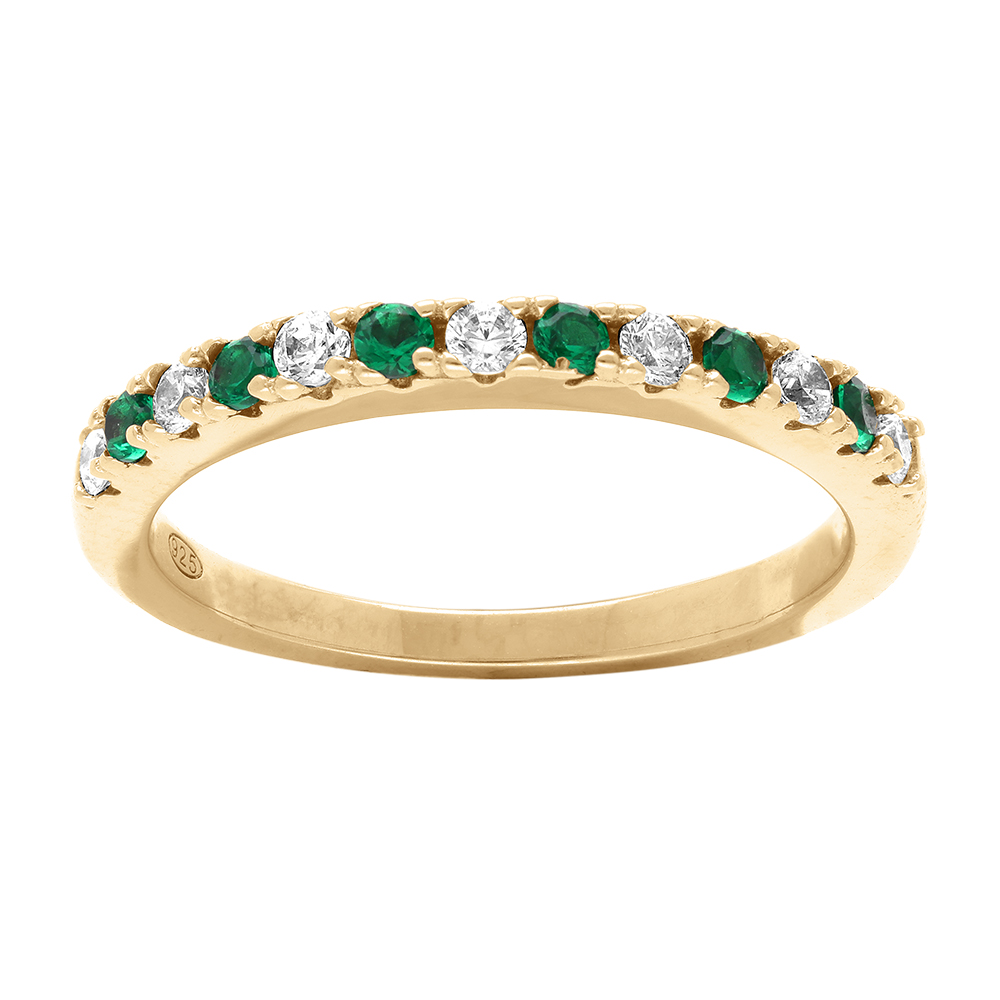 Bague en vermeil demi alliance parée d'oxydes verts et blancs sertis