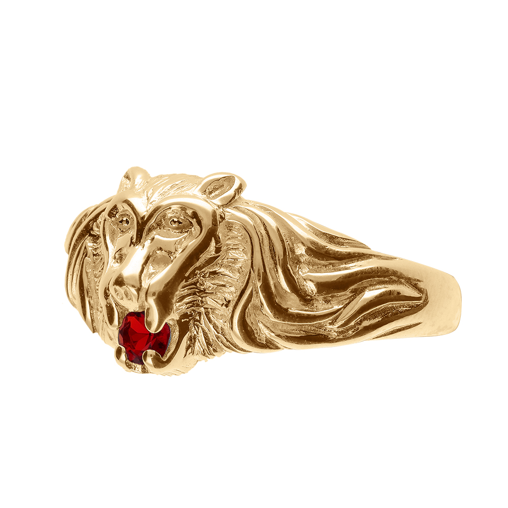 Chevalière lion en vermeil petit modèle avec oxyde rouge entre les dents