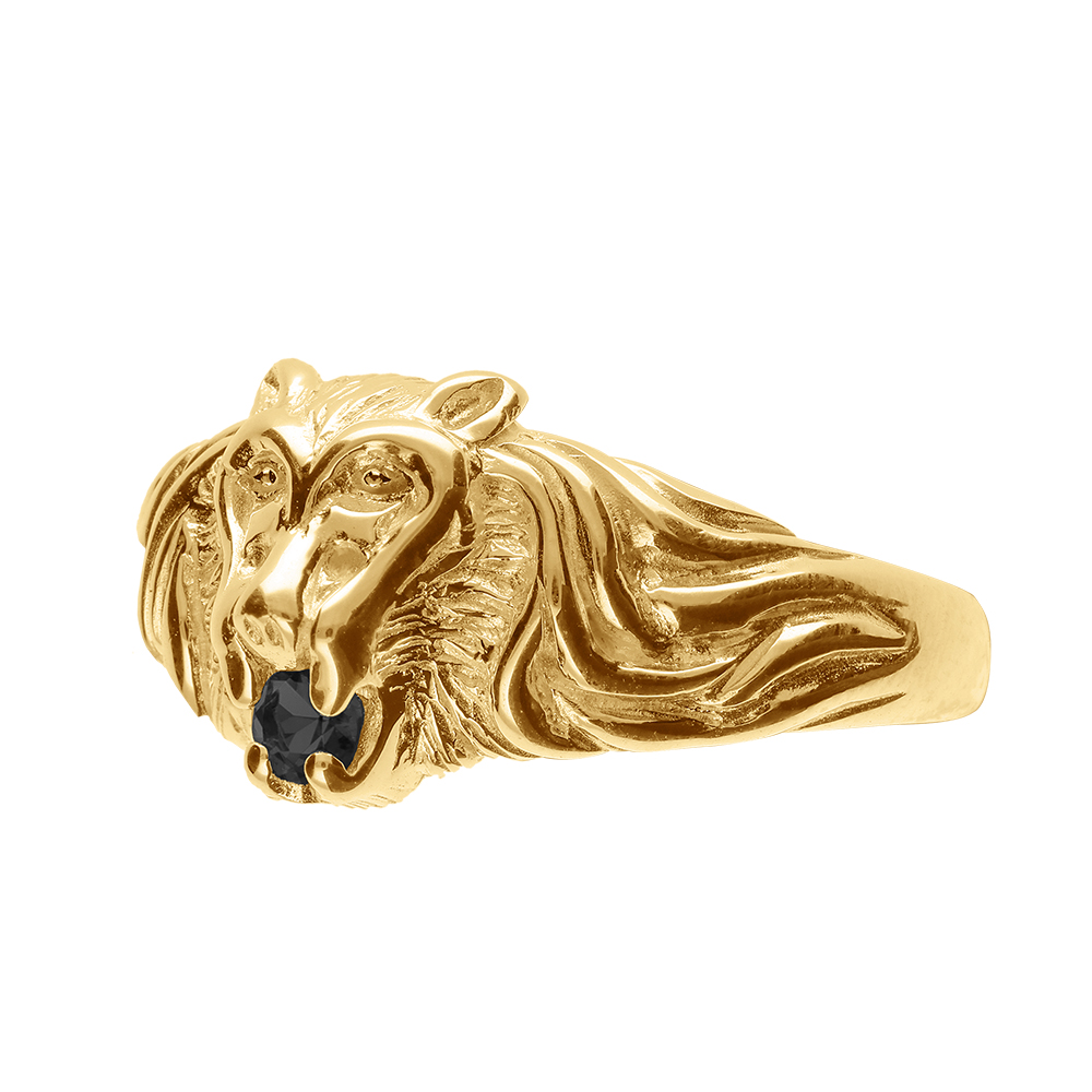 Chevalière lion en vermeil petit modèle avec oxyde noir entre les dents