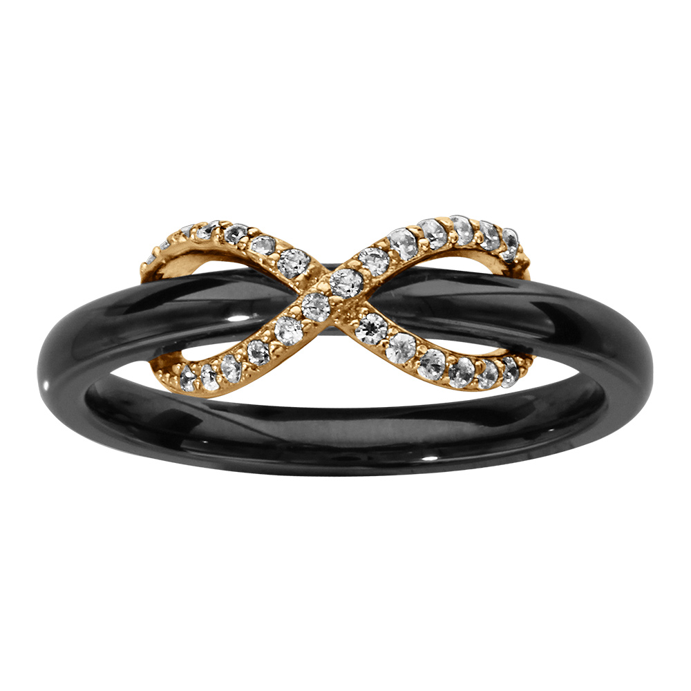 Bague en vermeil céramique noire avec oxydes blancs sertis