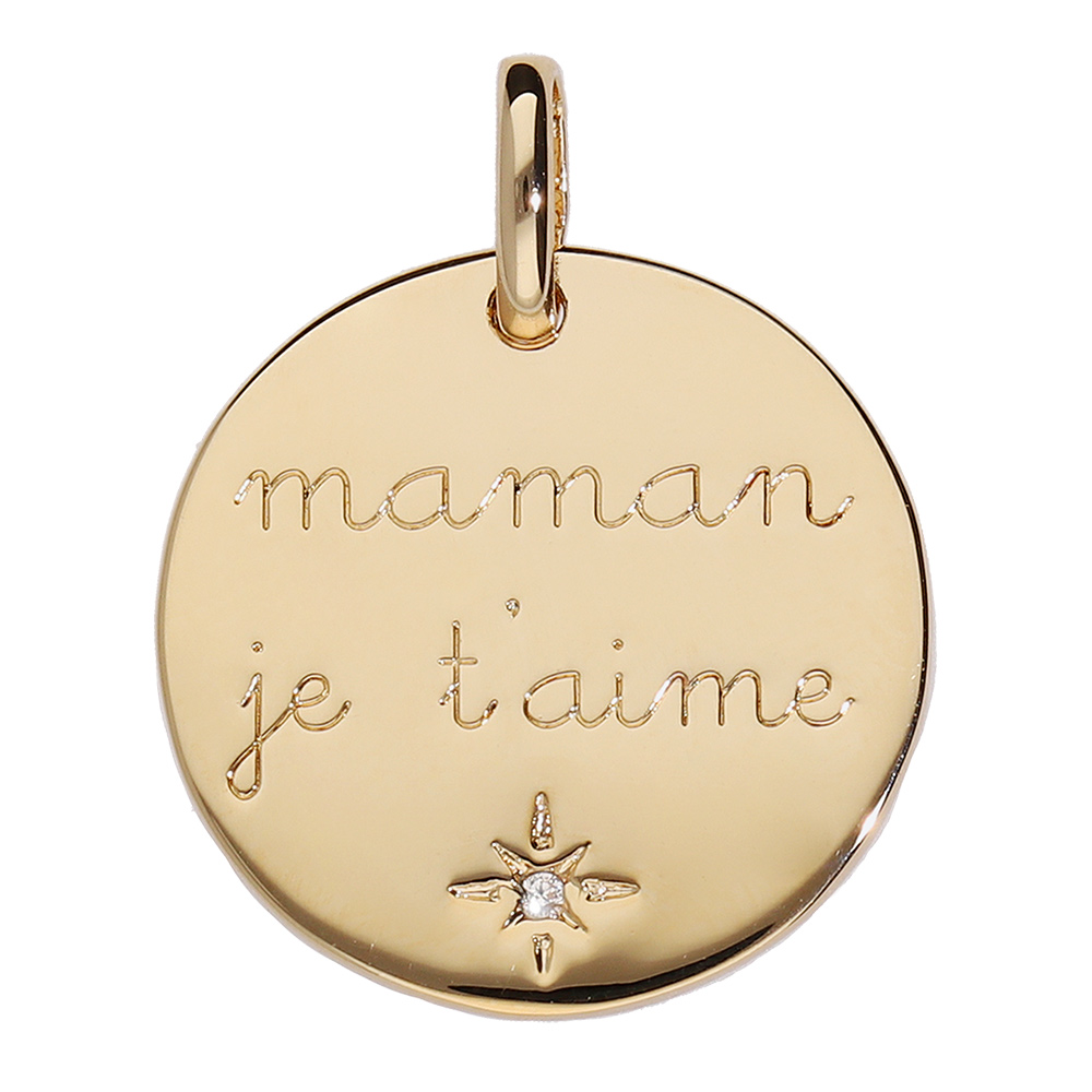 Pendentif en vermeil médaille avec pastille "maman je t'aime" et un oxyde blanc serti