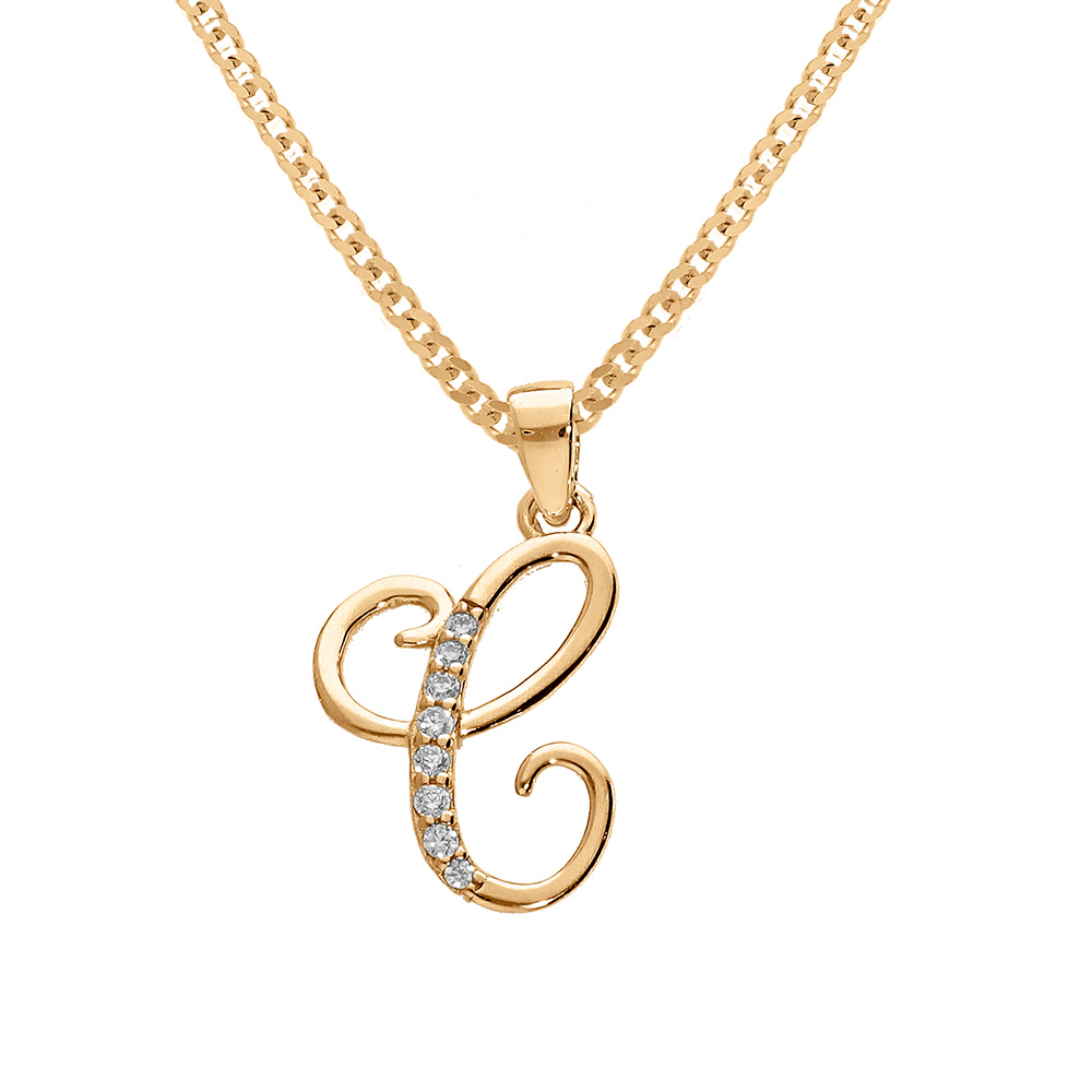 Collier en vermeil pendentif initiale C oxydes blancs sertis  -  42+3cm