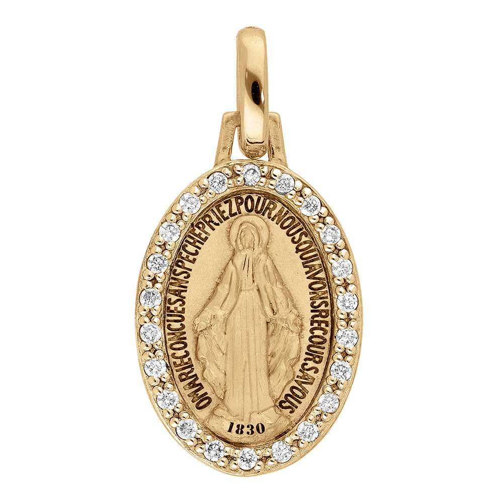 Pendentif en vermeil médaille ovale "miraculeuse" avec contour oxydes blancs sertis - recto verso Pendentif en vermeil médaille ovale "miraculeuse" avec contour oxydes blancs sertis - recto verso