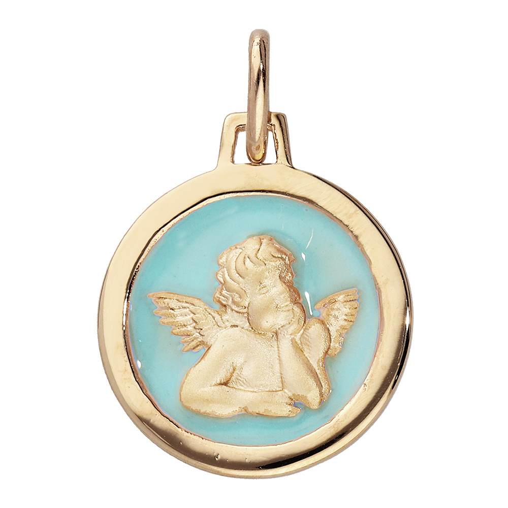Pendentif en vermeil médaille légèrement ovale Ange sur fond de résine bleu ciel