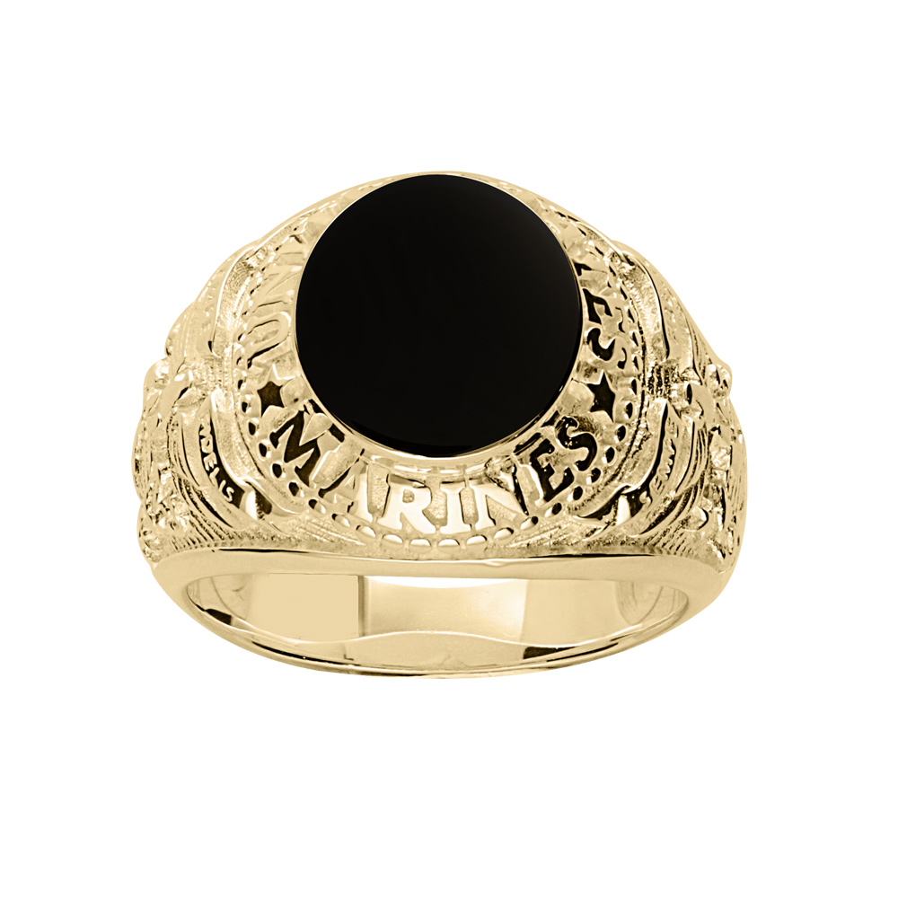 Chevalière universitaire américaine en vermeil "Marines" avec plateau en onyx synthétique