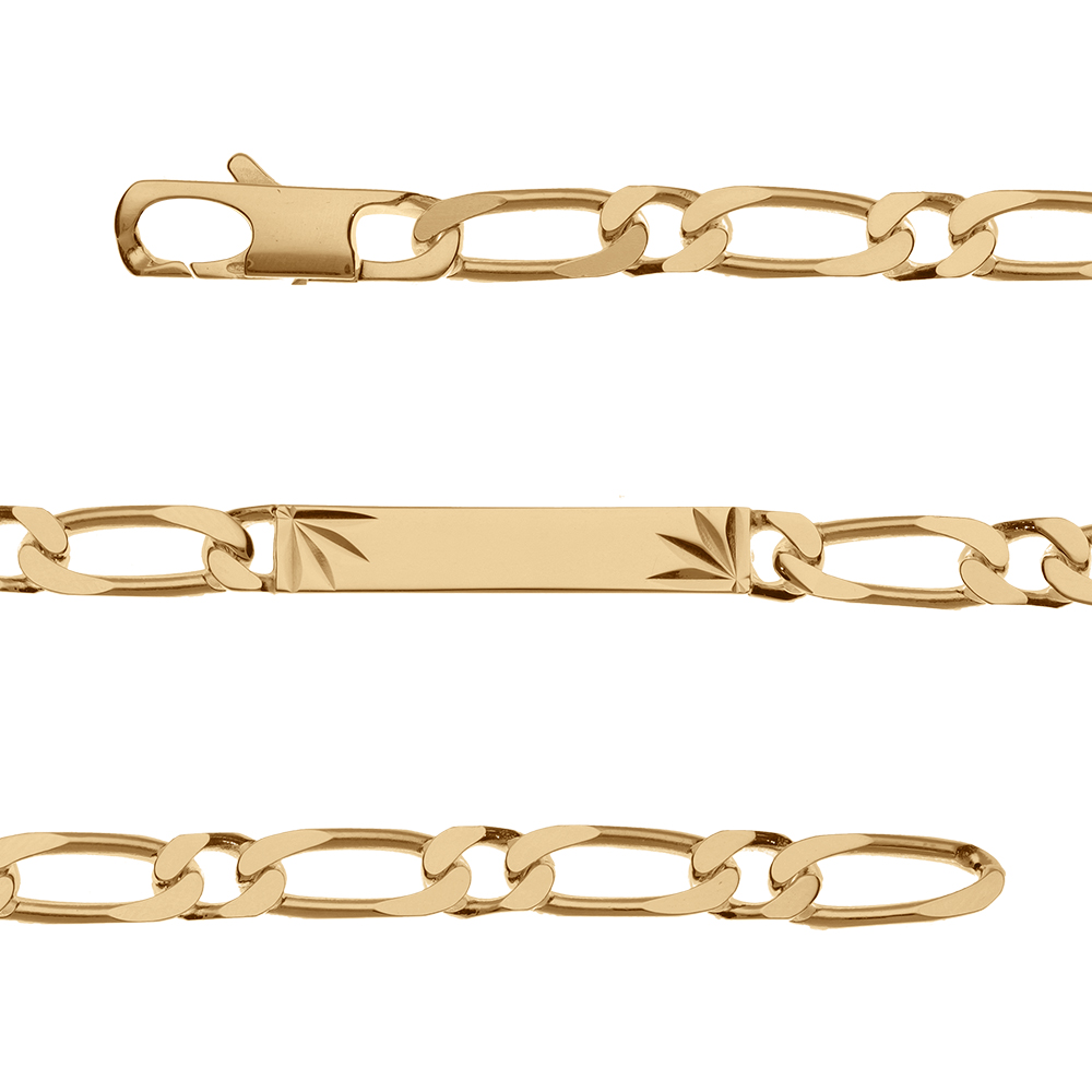 Gourmette en plaqué or maille figaro 1+1 avec diamantage étoilé dans 2 angles - largeur 6mm et longueur 18cm