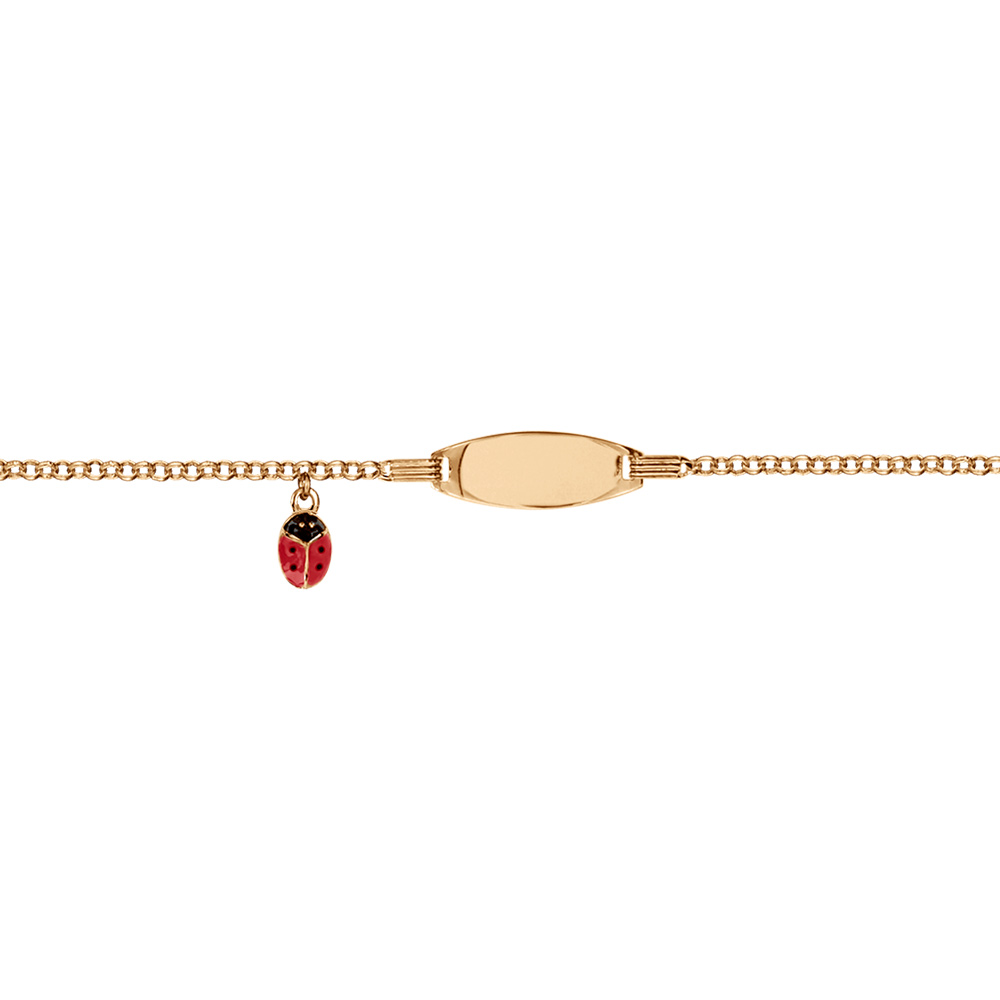 Gourmette bébé en plaqué or avec plaque ovale et pampille coccinelle rouge 13+2cm