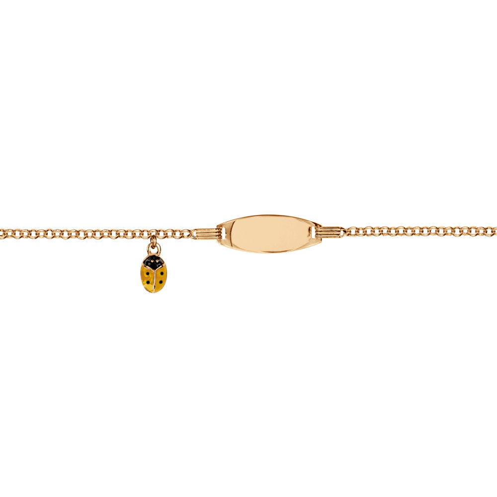 Gourmette bébé en plaqué or avec plaque ovale pampille coccinelle orange 13+2cm