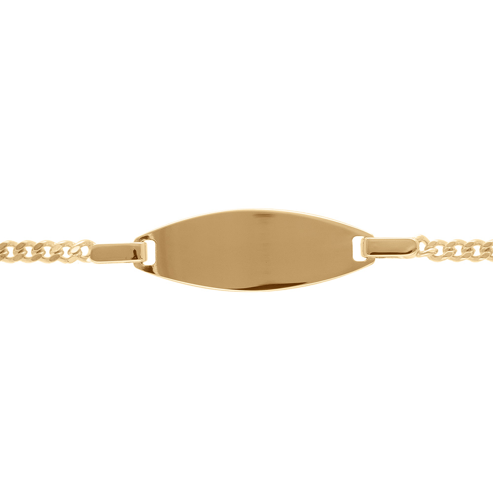 Gourmette pour bébé en plaqué or maille serrée avec plaque ovale - largeur 2mm et longueur 13cm + 2cm de rallonge
