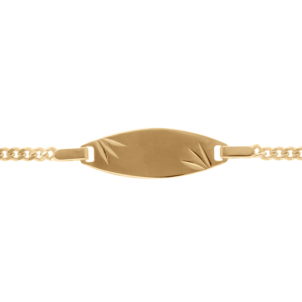Gourmette pour bébé en plaqué or maille serrée avec plaque ovale et diamantage étoilé dans les coins - largeur 2mm et longueur 13cm + 2cm de rallonge