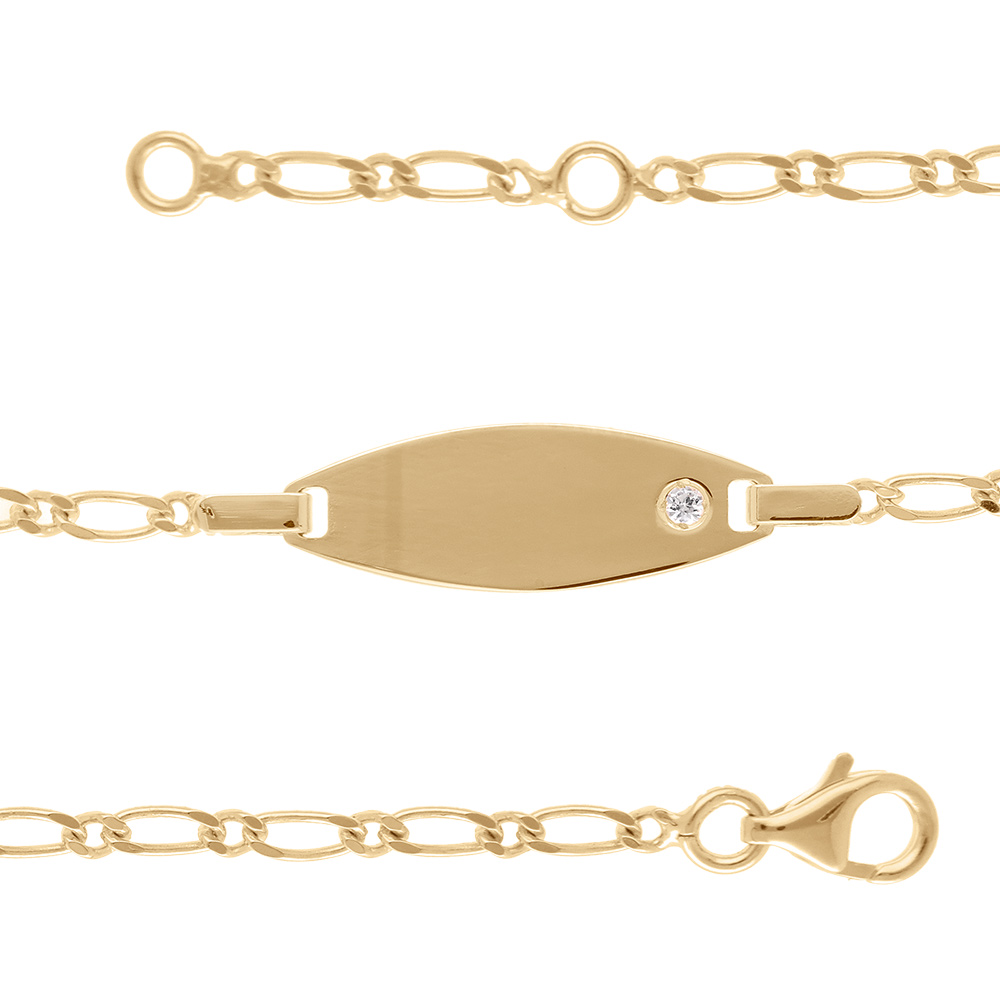 Gourmette pour bébé en plaqué or maille figaro 1+1 avec plaque ovale et strass - largeur 2mm et longueur 13cm + 2cm de rallonge