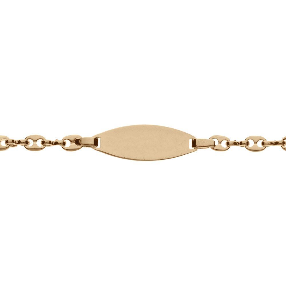 Gourmette pour enfant en plaqué or maille grain de café plaque ovale à graver fermoir mousqueton 16cm réglable 14cm