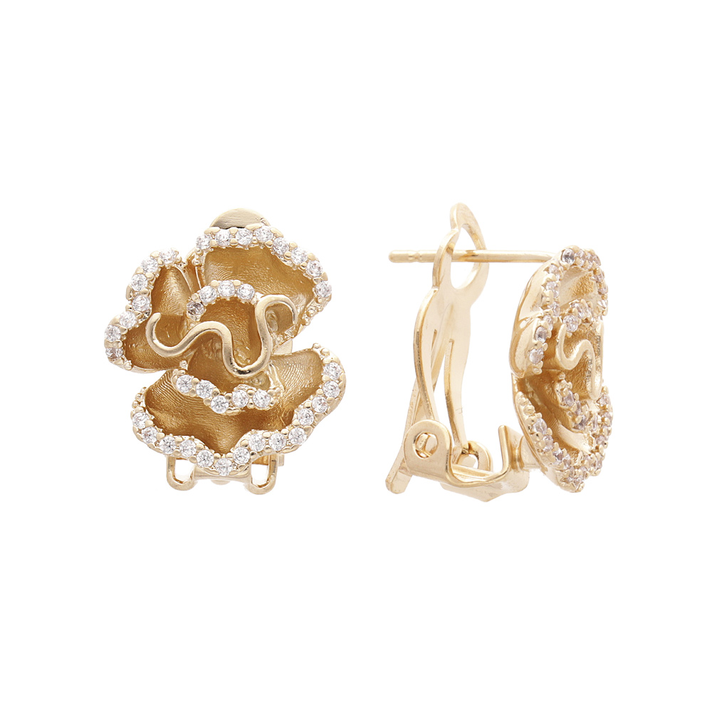 Boucles d'oreille en plaqué or motif fleur oxydes blancs sertis et fermoir cliquet