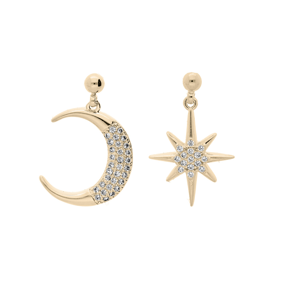 Boucles d'oreille en plaqué or lune et soleil avec oxydes blancs sertis et fermoir poussette