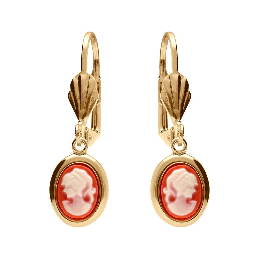 Boucles d'oreilles pendantes en plaqué or camée rose vif et fermoir dormeuse