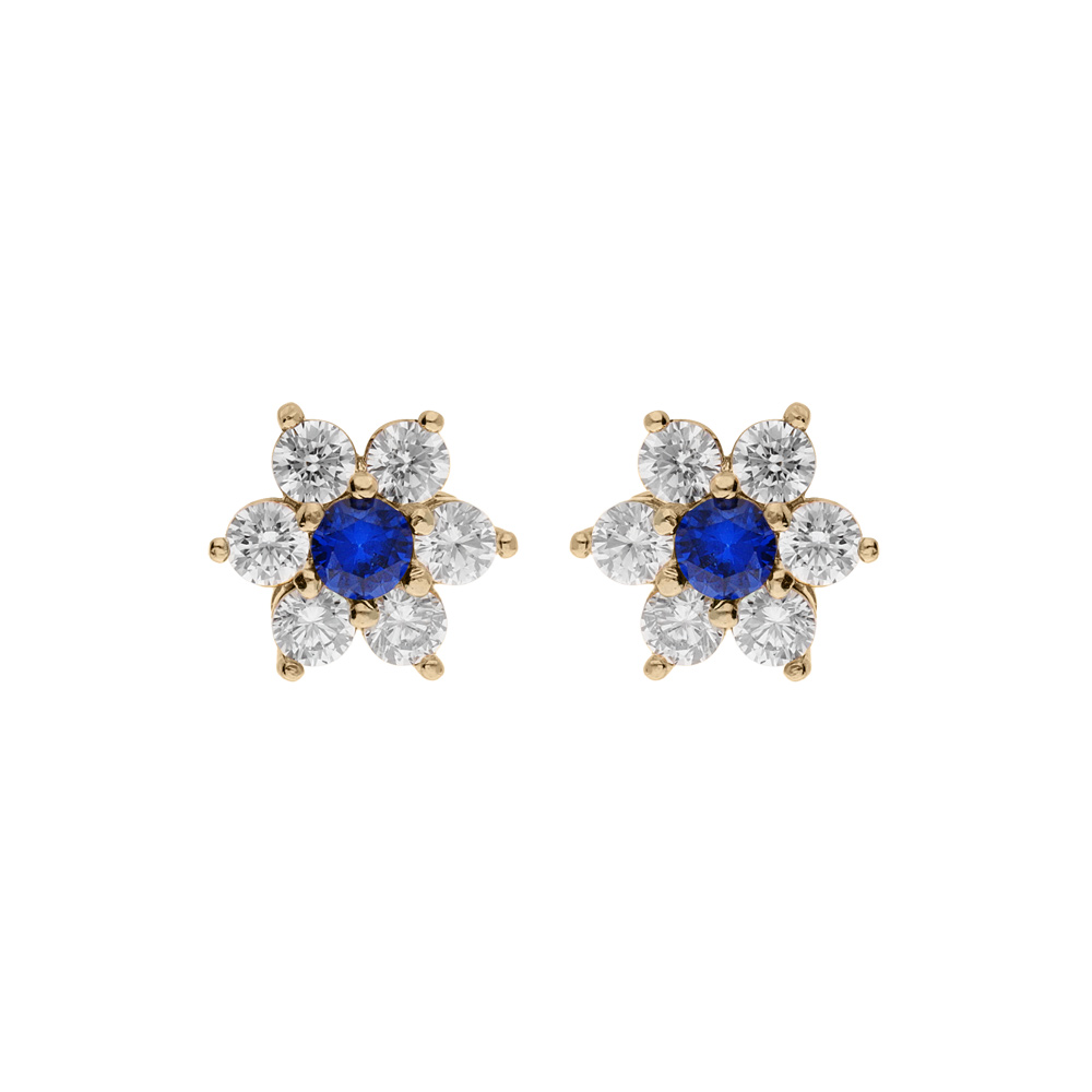 Boucles d'oreille ttige en plaqué or marguerite oxydes centre bleu foncé et contour blancs sertis et fermoir poussette