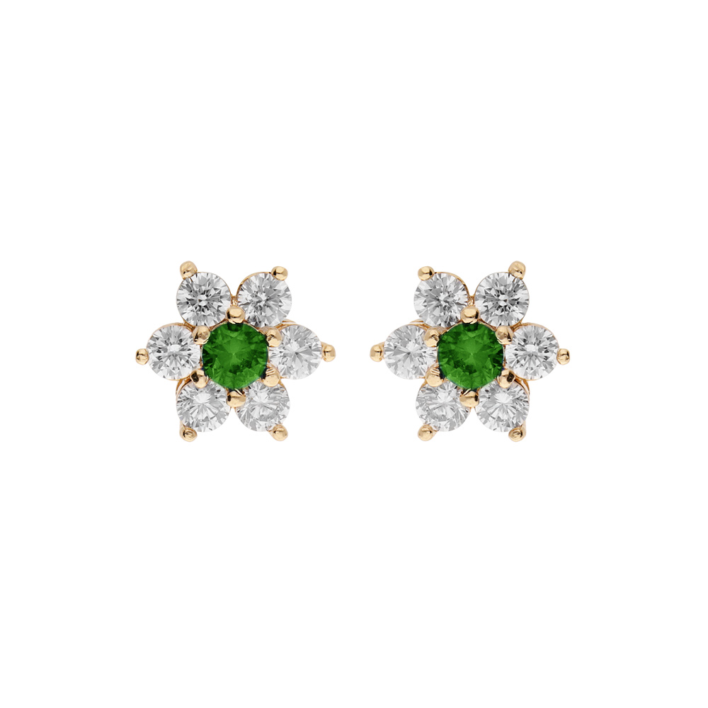 Boucles d'oreille tige en plaqué or marguerite oxydes centre vert et contour blancs sertis et fermoir poussette