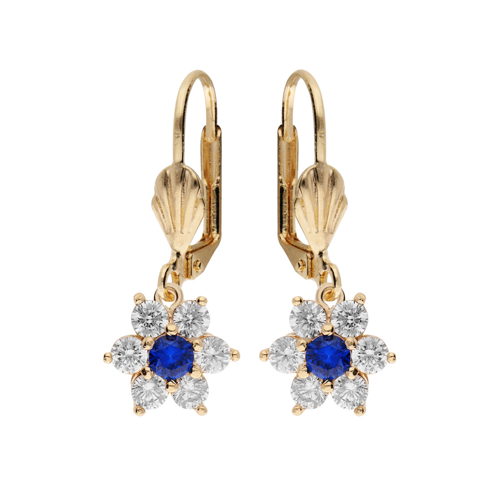 Boucles d'oreille dormeuse en plaqué or marguerite oxydes centre bleu foncé et contour blancs sertis