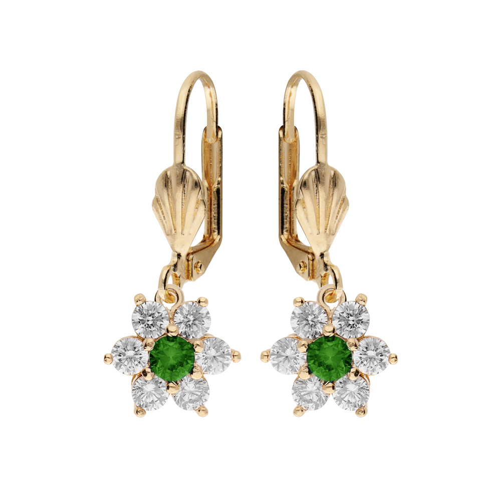 Boucles d'oreille dormeuse en plaqué or marguerite oxydes centre vert foncé et contour blancs sertis
