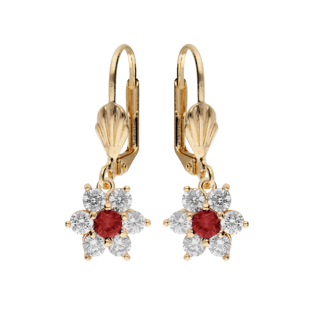 Boucles d'oreille dormeuse en plaqué or marguerite oxydes centre rouge foncé et contour blancs sertis