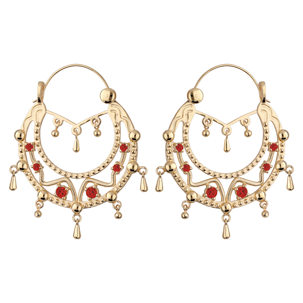 Créoles éthniques en plaqué or avec pierres rouges avec chaînette diamètre 45mm