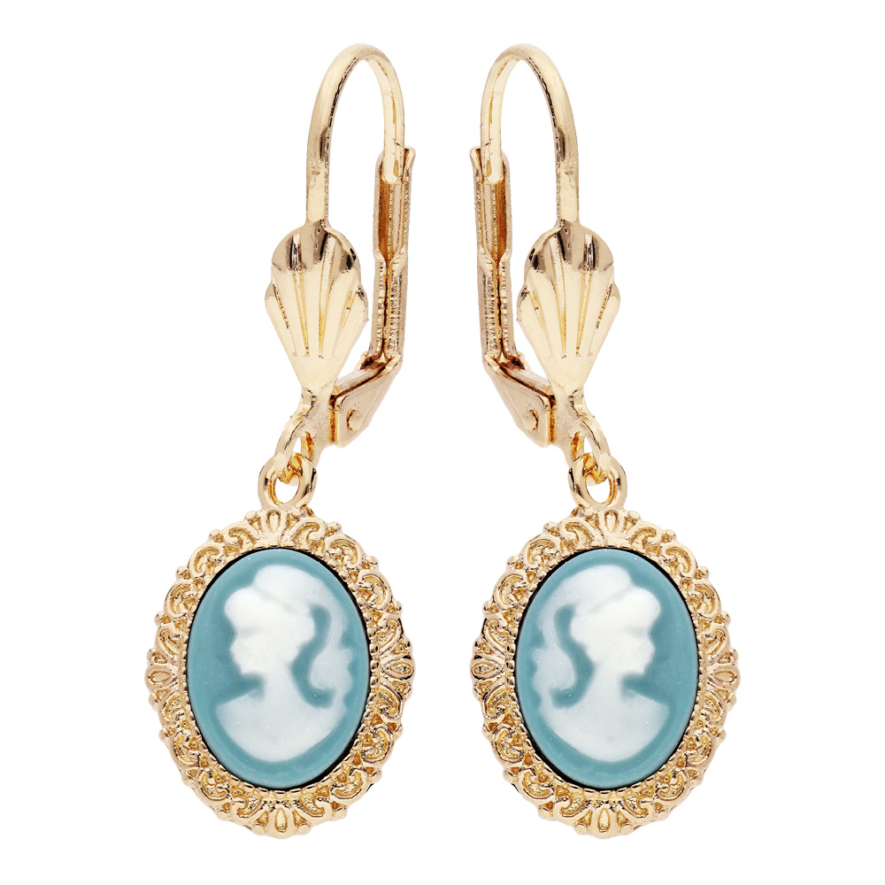 Boucles d'oreille en plaqué or Camée sur fond turquoise avec fermoir dormeuse