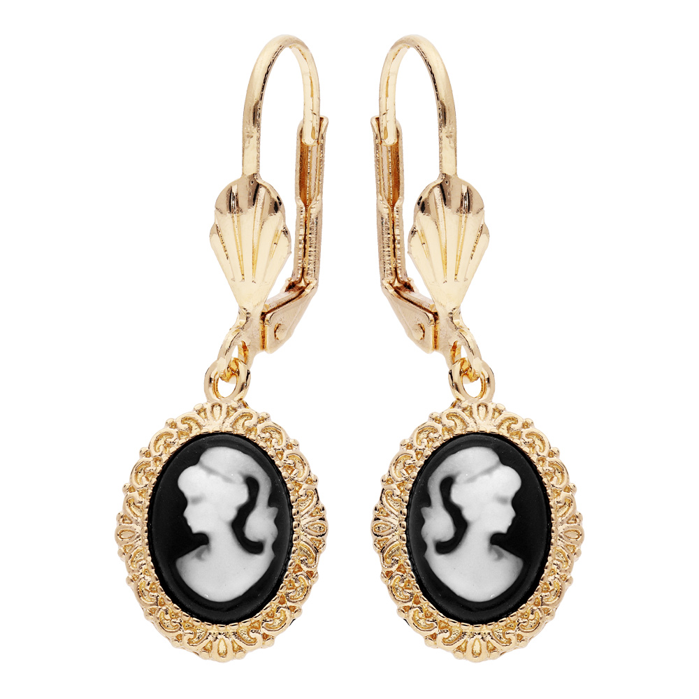 Boucles d'oreille en plaqué or Camée sur fond noir avec fermoir dormeuse