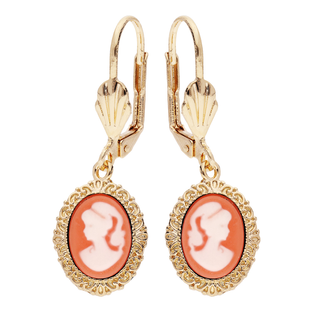 Boucles d'oreille en plaqué or Camée sur fond rose avec fermoir dormeuse