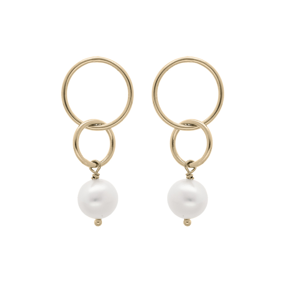 Boucles d'oreille en plaqué or 2 anneaux et Perle de culture d'eau douce blanche et fermoir pousette
