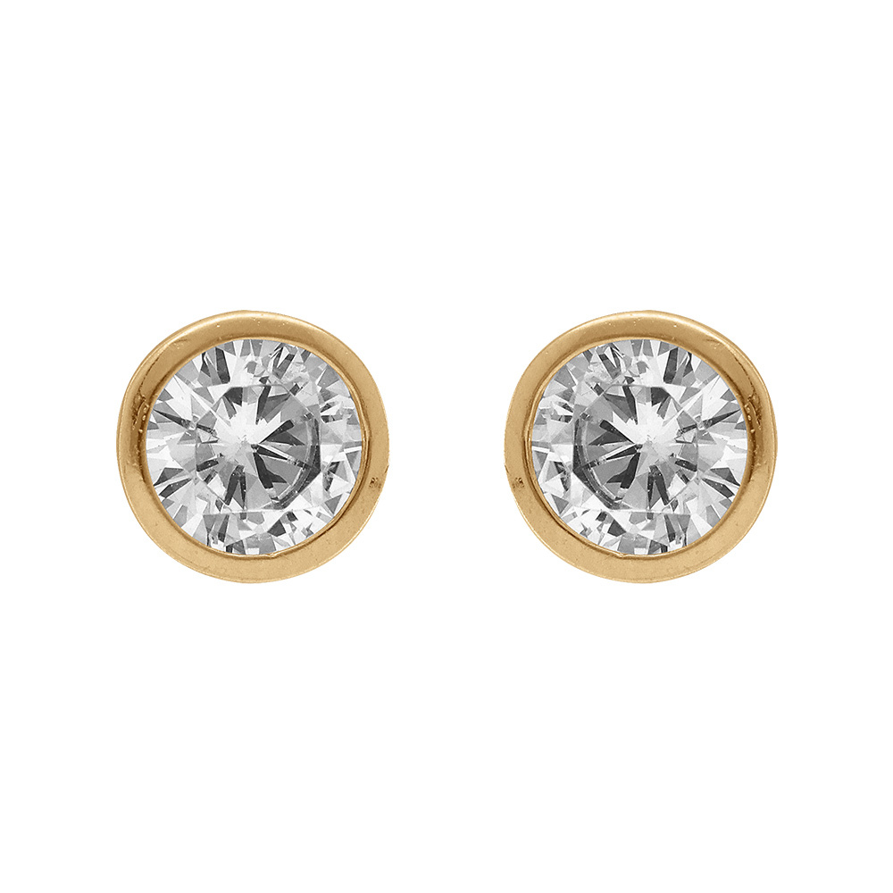 Boucles d'oreille tige solitaire en plaqué or ronde serti clos oxyde blanc 6mm