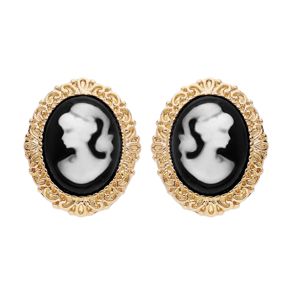 Boucles d'oreille en plaqué or Camée sur fond noir et fermoir poussette
