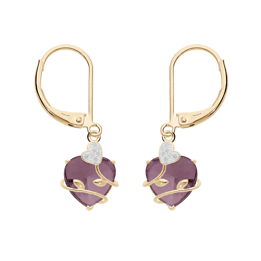 Boucles d'oreille en plaqué or coeur oxyde violet motif volute et fermoir dormeuse