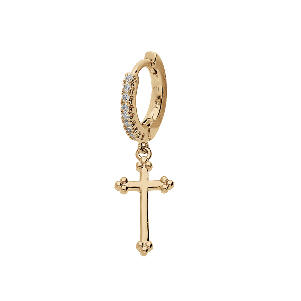 Boucles d'oreille en plaqué or mono créole avec croix oxydes blancs sertis (unité)