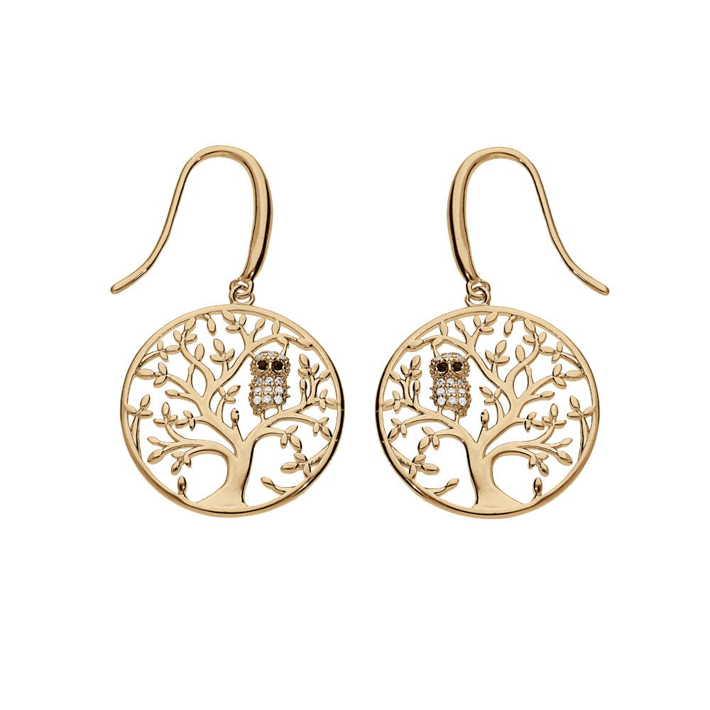 Boucles d'oreille en plaqué or arbre de vie avec hibou ou chouette empierré et fermoir crochet