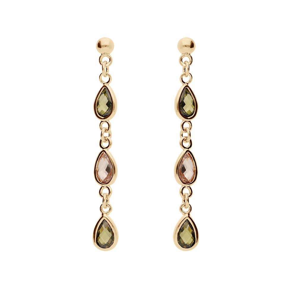 Boucles d'oreille en plaqué or pendantes avec gouttes d'oxydes verts et orangé et fermoir poussette
