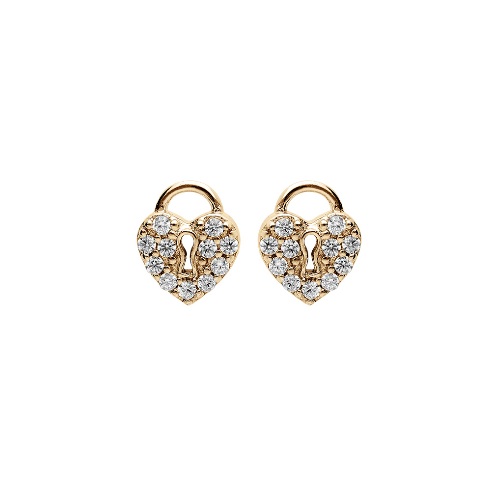 Boucles d'oreille en plaqué or cadenas coeur pavé oxydes blancs et fermoir poussette