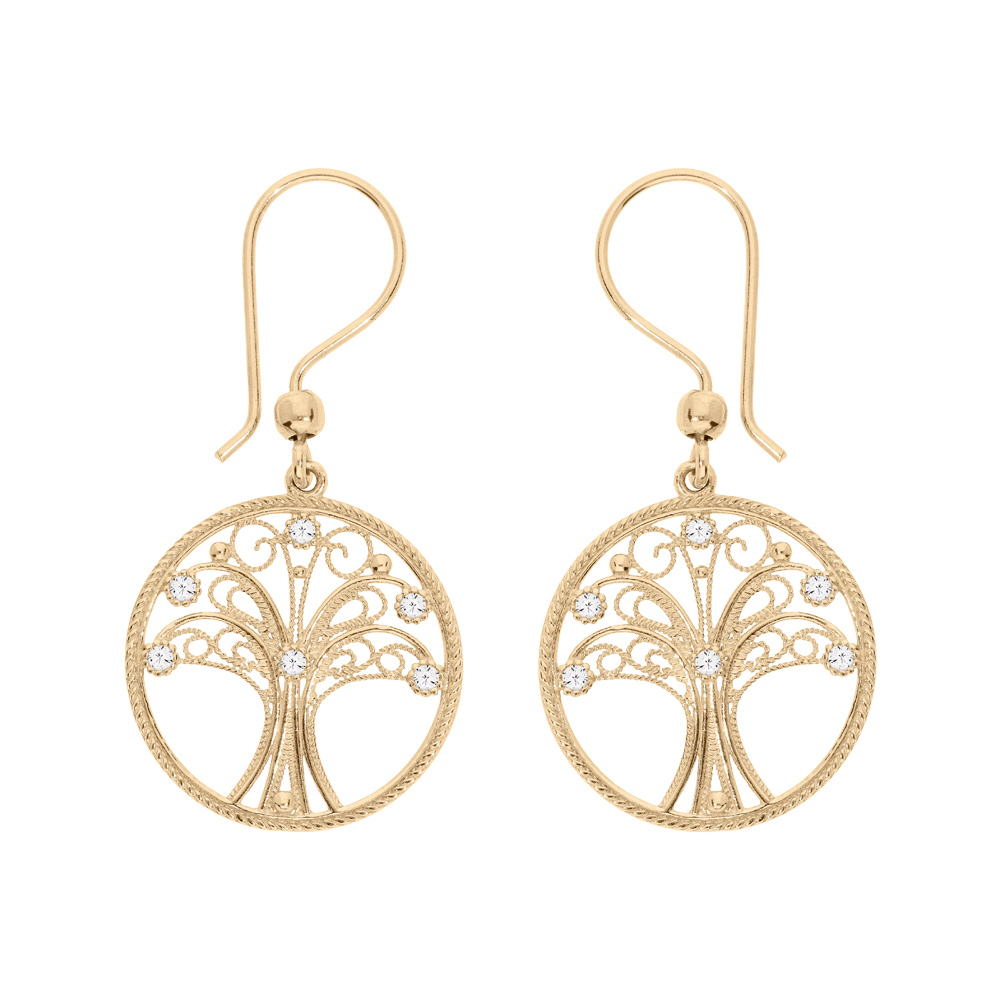 Boucles d'oreille en plaqué or cercle avec arbre de vie filigrane suspendu et oxydes blancs sertis et fermoir crochet